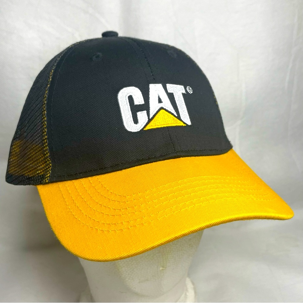 NWT CAT Caterpillar Hat Adjustable Trucker Style Mesh Baseball Cap Logo Yellow